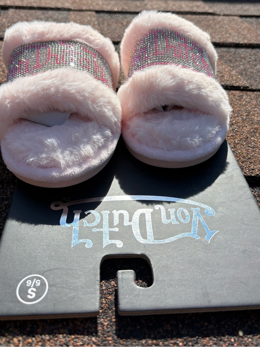 Von dutch Pink Fuzzy Slide Slippers with Rhinestone Strap